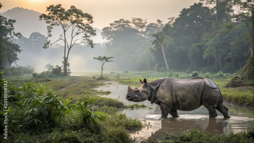 Fototapeta premium Majestic Sumatran Rhinoceros Wading Through a Misty River in Tropical Rainforest