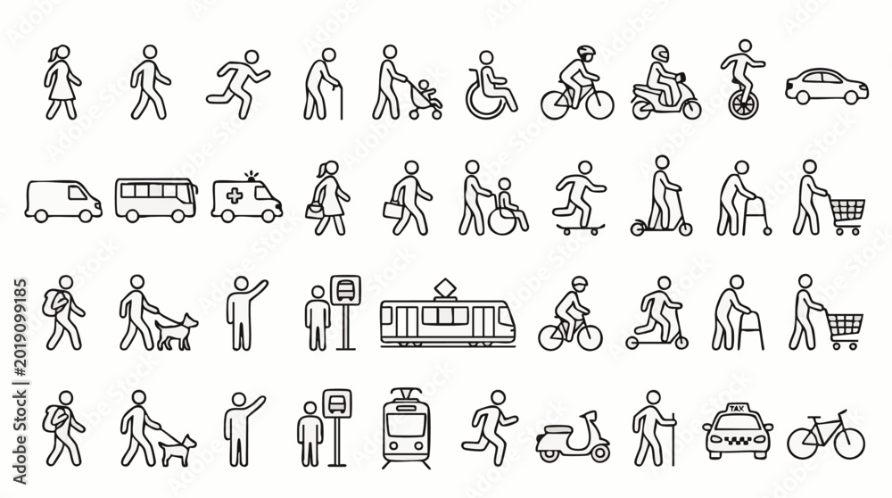 Fototapeta premium Set of black and white line depicting various modes of transportation, pedestrians, people with disabilities, and urban commuters