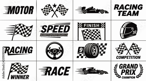 Grid of black and white racing featuring checkered flags, formula cars, helmets, steering wheels, and typography related to motorsport