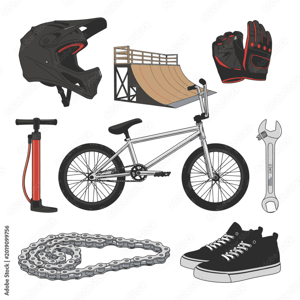 Fototapeta premium Bmx bike and equipment vector illustration for sports and recreation