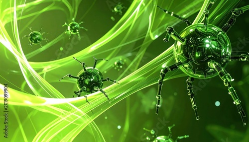 Glowing Futuristic Virus Particles Floating Among Green Light Trails in Abstract Microscopic Space