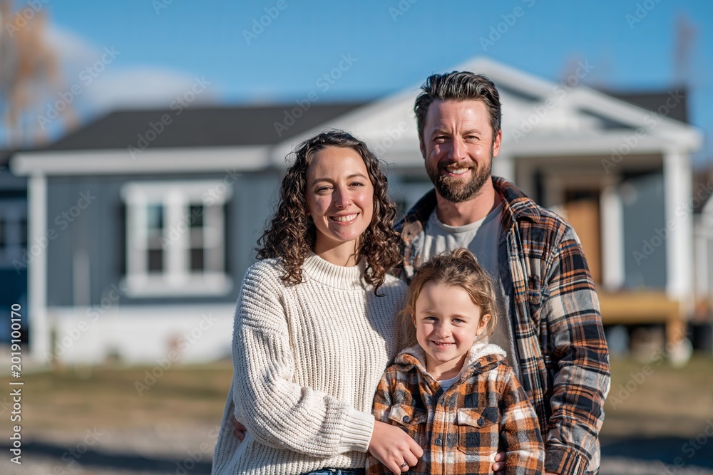 Fototapeta premium Happy family in front of their new home on a sunny day