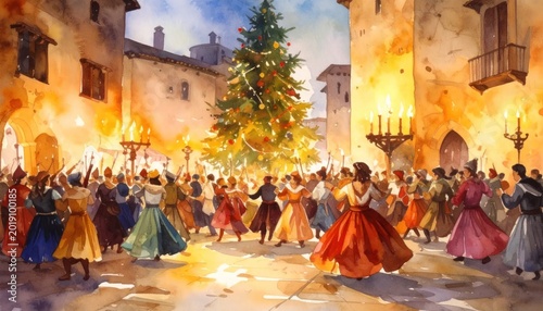 People dancing around Christmas tree.
