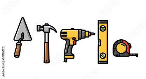 Illustrated construction tools set isolated on white background for design