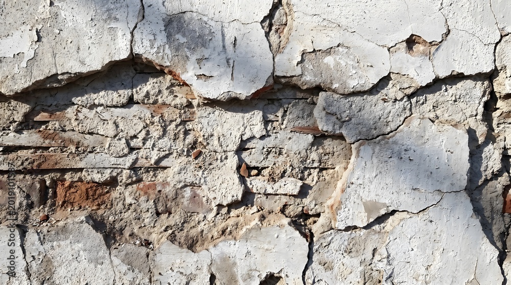 Fototapeta premium Old white brick wall with crumbling plaster and exposed masonry in bright daylighting.