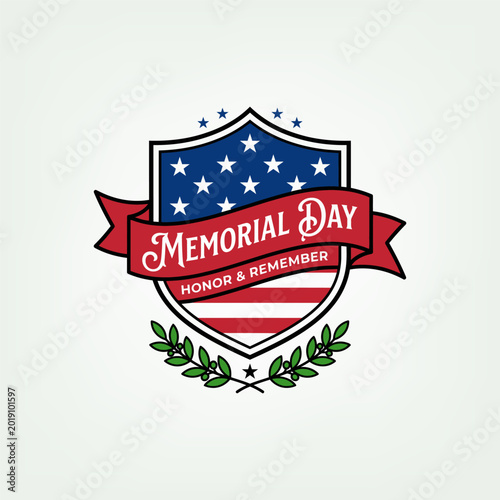 Memorial day honor and remember shield design, american flag inspired emblem with stars and stripes, laurel wreath, patriotic holiday concept.