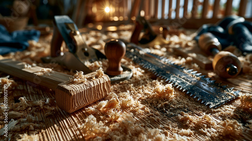 Low angle view of traditional Japanese woodworking tools and cedar mallet in a sunlit Akita workshop, golden hour light through wood shavings, heritage craftsmanship atmosphere