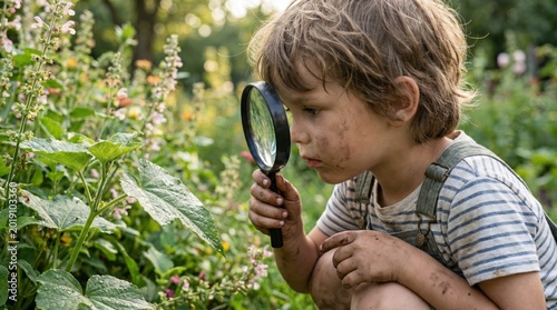 A young boy with dirty face looks through a magnifying glass at green leaves. Curious child explores nature in a sunny garden. Perfect for education, childhood, and science themes.