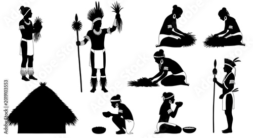Photos African tribal people, black silhouettes, vector icons, 8 figures, thatched hut,