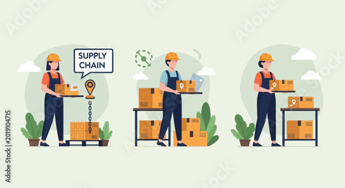 Tableau sur toile Supply Chain Logistics: From Origin to Delivery with Workers and Boxes