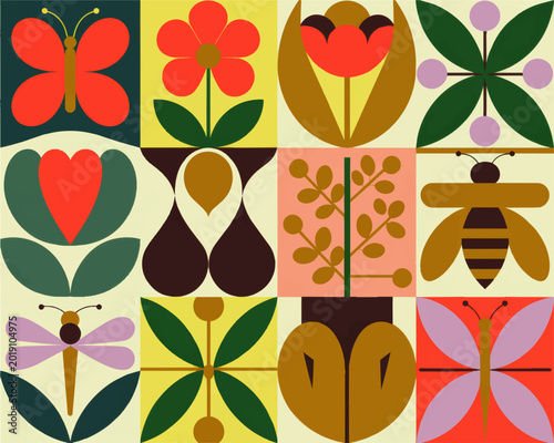 Mid century modern geometric nature pattern with butterflies bees flowers and leaves in colorful retro abstract grid design