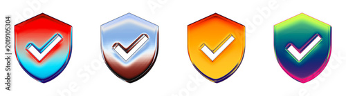 Glossy 3D security checked collection in pink, orange, blue, and purple, offering a colorful icon set for secure electronic payments.