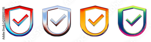 Set of security checked graphics in orange, purple, pink, and blue, designed as a colorful 3D glossy icon set for secure electronic payments.