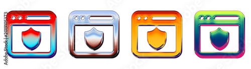 Glossy 3D security portal collection in pink, orange, blue, and purple, offering a colorful icon set for corporate financial assets.