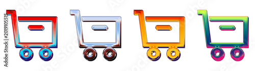 Four color variants (blue, purple, orange, and pink) of a sell stock, forming a colorful 3D glossy icon set for global money transfers.