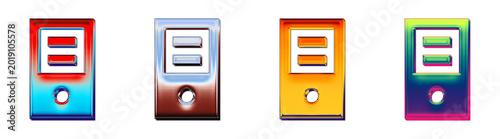 Glossy 3D server collection in orange, pink, blue, and purple, offering a colorful icon set for global money transfers.