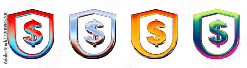 Four color variants (purple, orange, pink, and blue) of a shield with a dollar sign, forming a colorful 3D glossy icon set for modern commercial banking.