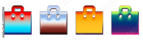 Glossy 3D shopping bag collection in pink, orange, blue, and purple, offering a colorful icon set for online commerce processing.