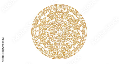 Aztec sun stone calendar vector illustration, ancient mexican civilization symbol, golden circular design