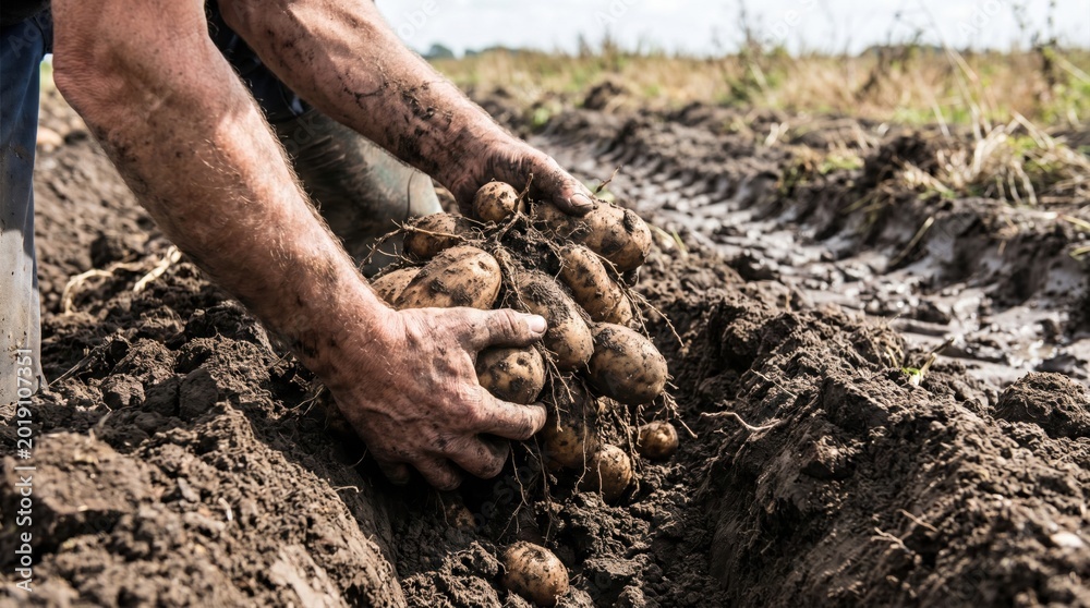 Fototapeta premium Close up of a farmer hands holding freshly harvested raw organic potatoes covered in soil