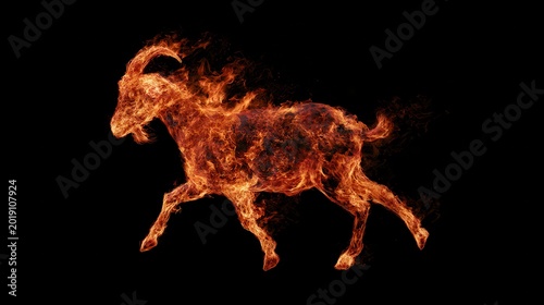 Surreal fire goat made entirely of actual red and orange flames, dynamic movement, dark background