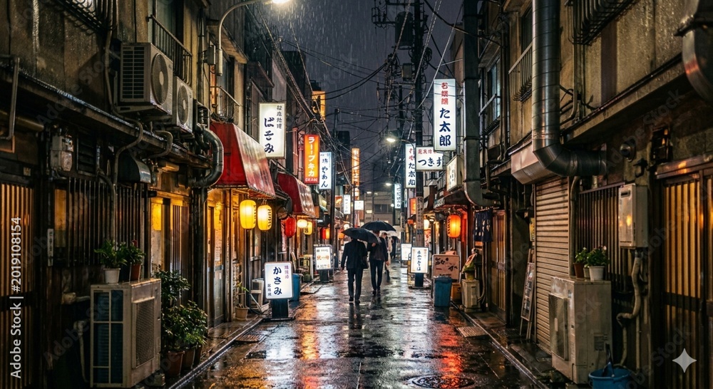 Fototapeta premium Rainy Tokyo Alley with Izakaya at Night