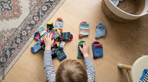 A young child sorting a pile of colorful patterned socks on a light wood floor. This Montessori activity promotes independence and cognitive skills. Ideal for parenting and educational content.