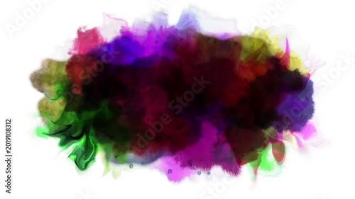 Ink splatter and multiple ink drops with different colored ink quickly spreading on a white background