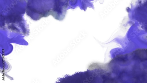 Purple ink droplets spreading from the corners of the frame, forming an ink bleed frame or border, on a white background.