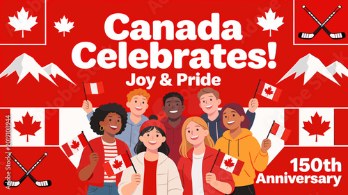 Quadro su tela Diverse group of people celebrating Canada Day with flags and symbols of national pride