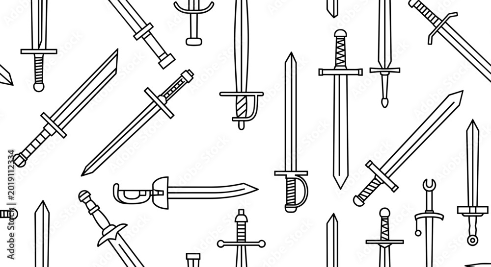 Fototapeta premium Collection of medieval swords and blades in a seamless pattern illustration