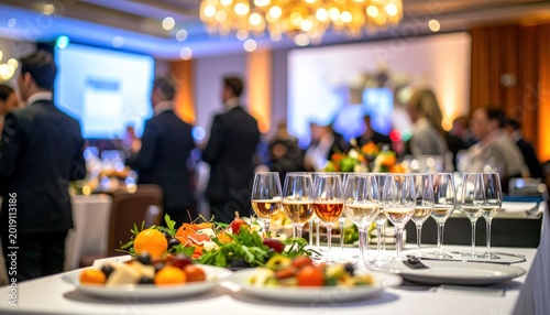 Catering event with food and wine glasses.