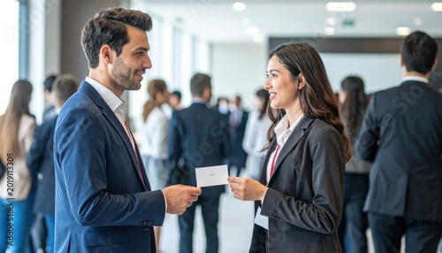 Business professionals networking at conference.