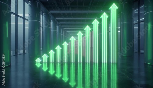 Amidst the Career Growth Path, a mesmerizing display of glowing upward arrow columns. created with generative ai