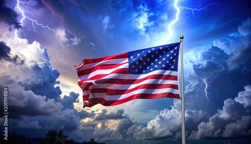 American Flag Waving in Stormy Weather.