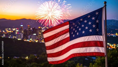 American Flag Waving with Fireworks Display.