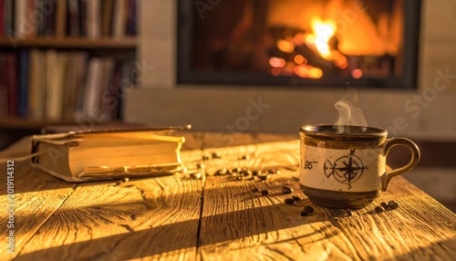 Cozy living room with warm fireplace.