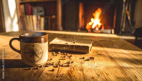 Cozy morning with coffee and fireplace.