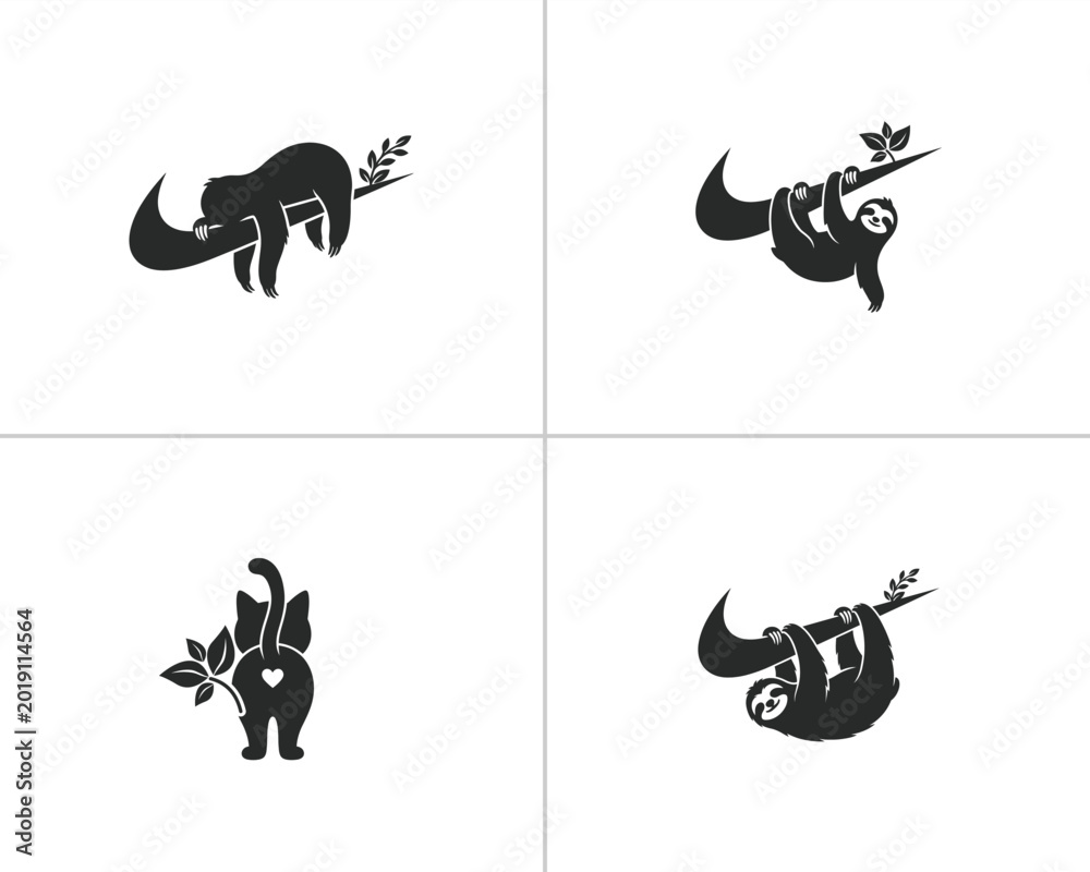 Obraz premium Minimalist black and white featuring stylized sloths hanging on branches and a cute cat silhouette with a heart shape on its back for creative, Vector illustration