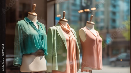 Three mannequins in a shop window showcase pastel-colored summer clothing, city backdrop