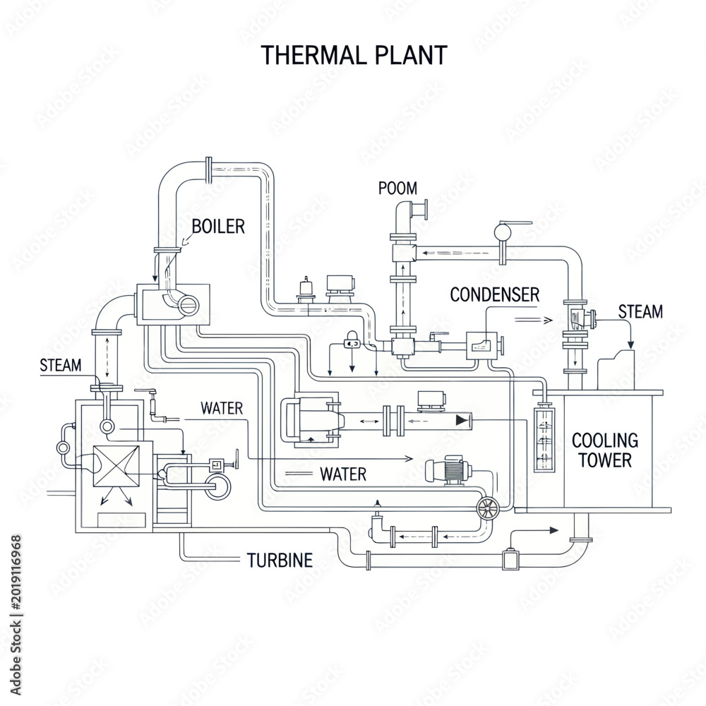 Obraz premium Thermal Power Plant Schematic Diagram: Boiler, Turbine, Condenser, Cooling Tower