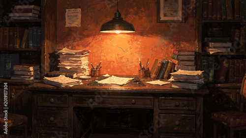 Desk with papers and lamp on