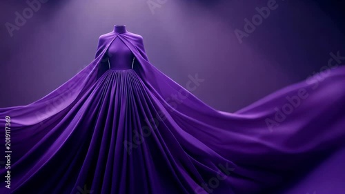 Purple dress with long cape flowing on mannequin. Elegant fashion garment showcase. Designer couture evening gown creative display for luxury lifestyle showcase.