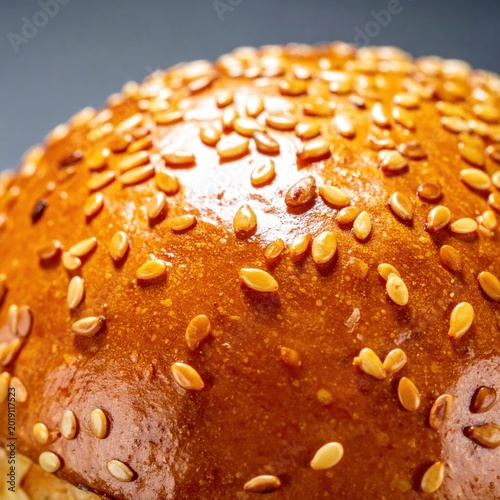 Extreme macro closeup of a glazed golden brown hamburger bun top covered with scattered toasted white sesame seeds and smooth shiny texture