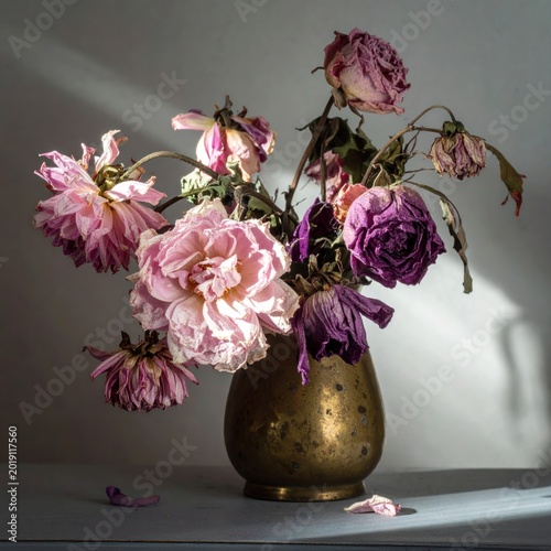 Dried pink and purple rose bouquet in vintage brass vase with moody dramatic lighting, perfect for still life decor or interior photography