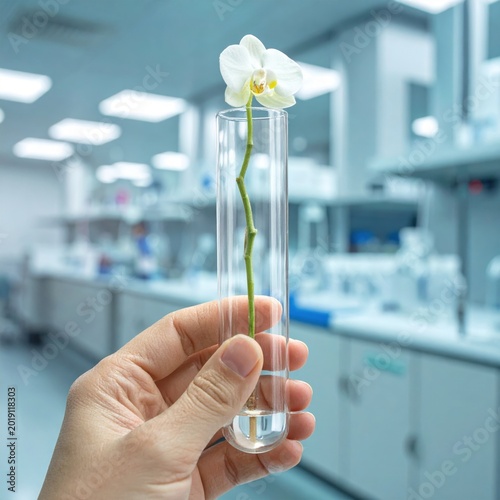 Scientist holding test tube with white orchid flower in laboratory, biotechnology research, botanical study, floral science, organic medicine development