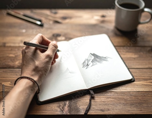 Person sketching mountain landscape in sketchbook on rustic wooden desk, hobby planning, wanderlust inspiration, creative artistic expression, notebook drawing