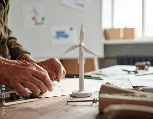 Engineer assembling wind turbine model on wooden desk, renewable energy innovation, sustainable power project, green technology development
