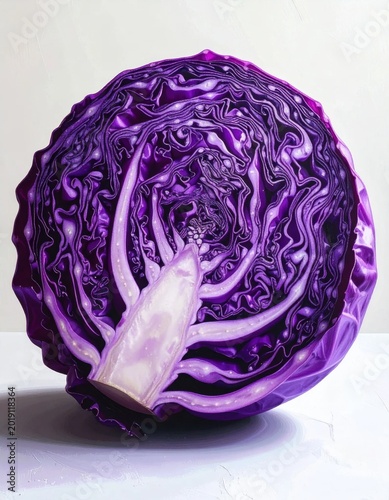 Fresh red cabbage cross section showing intricate veined leaf patterns and vibrant purple hues against a neutral surface