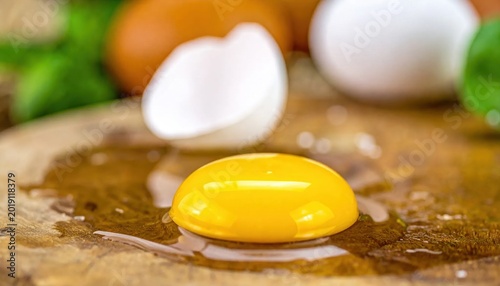 Fresh cracked egg yolk on a rustic wooden cutting board with eggshells and green herbs in the background